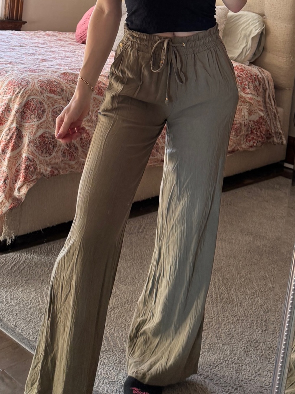 Guess Olive Green Wide-Leg Drawstring Pants - Women's